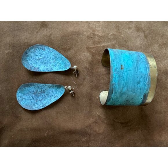 Handmade Wrist Cuff and Matching Earrings Blue and Brass - Picture 3 of 7